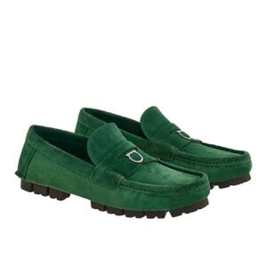 SALVATORE FERRAGAMO  DOUGAN DARK GREEN SUEDE LOAFERS GANCINI LOGO SZ 12.5 New